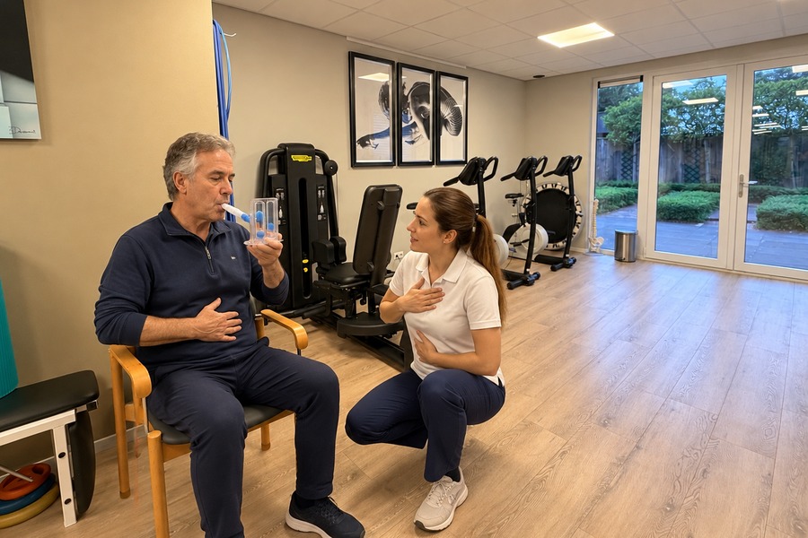 Fysiotherapeut begeleidt patiënt bij een ademhalingsoefening tijdens longtherapie in Almelo
